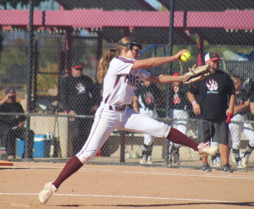 Horizon's Madison Vollmar fires a pitch to the plate in the Hawks' come-from-behind, 5-3 win over Castle View in the opening round of the state 5A softball tournament in Aurora Oct. 21.